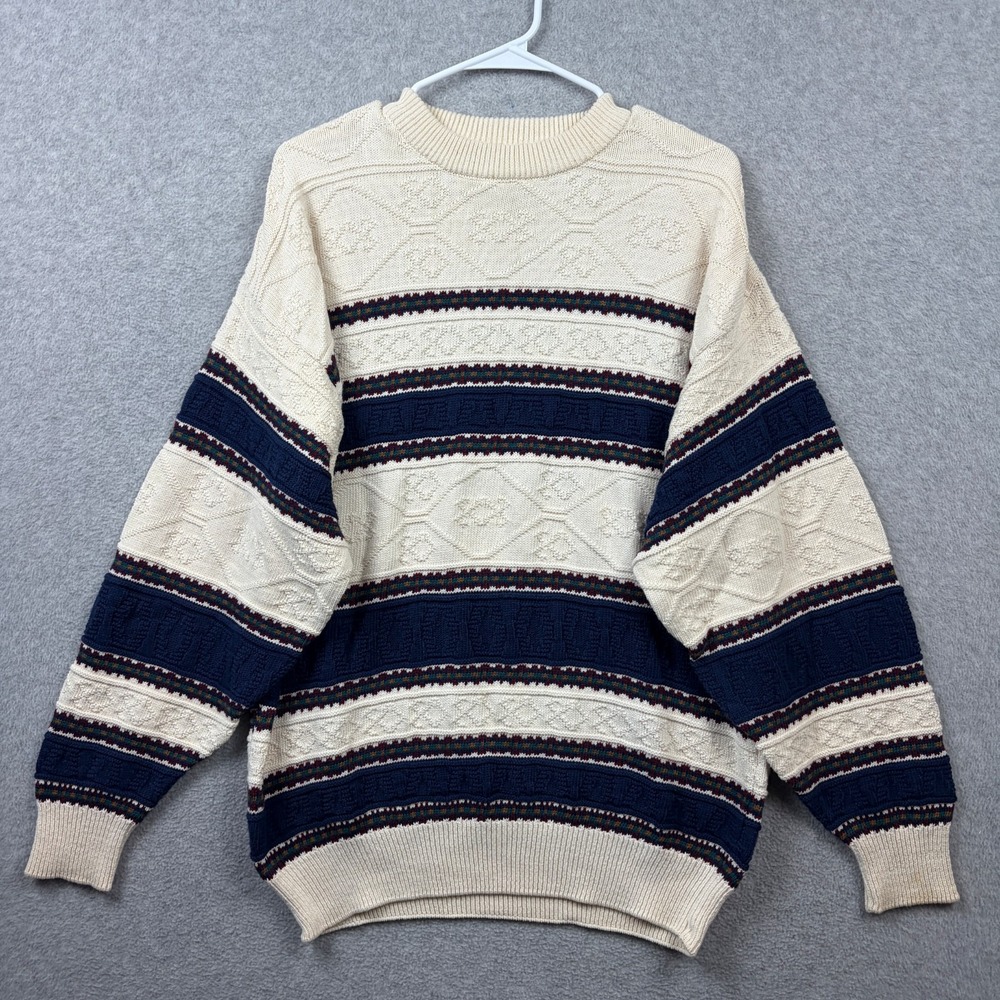 Vintage Van Heusen Sweater Mens Large Cream Striped Fair Isle Textured Knit 90s